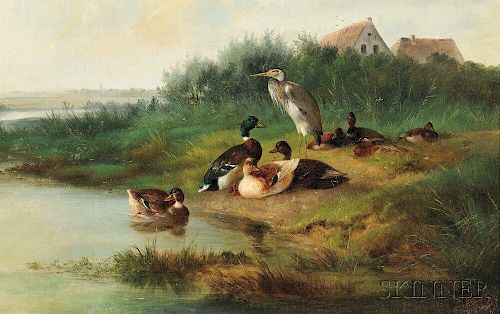 Arthur Fitzwilliam Tait (American, 1819-1905)      Heron Among Eight Ducks at the Edge of a Pond