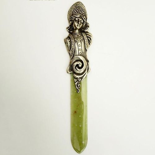 20th Century Russian Moscow 84 Silver Mounted Jade Letter Opener.