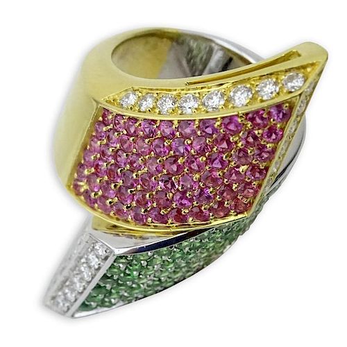 Modern Design Approx. 1.50 Carat Pave Set Diamond, Pink Sapphire, Tsavorite Garnet and 18 Karat Gold Cross Over Ring.