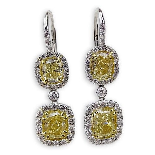Beautiful Pair of Approx. 6.10 Carat Diamond, Platinum and 18 Karat Yellow Gold Dangle Earrings