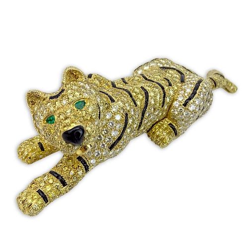 Large Cartier style Approx. 50.0 Carat Round Brilliant Cut Fancy Intense Yellow and White Diamond and 18 Karat Yellow Gold Tiger Brooch