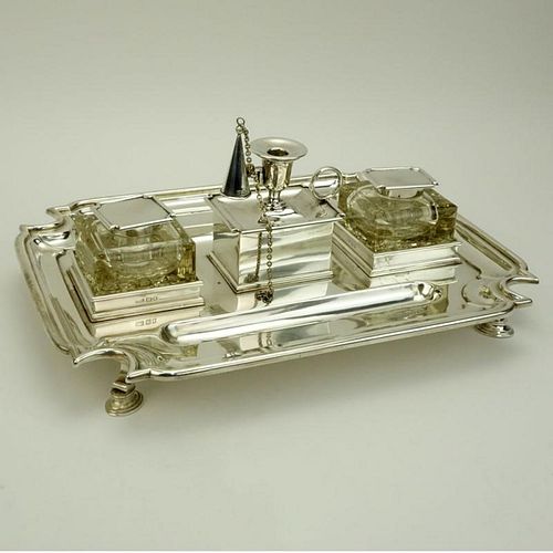 1920's English Silver Inkstand. Two glass ink bottles, candle holder, stamp box and snuffer.