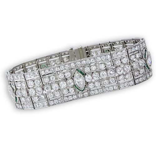 Art Deco Approx. 25.0 Carat Marquise and Round Brilliant Cut Diamond and Platinum Bracelet with small Emerald Accents