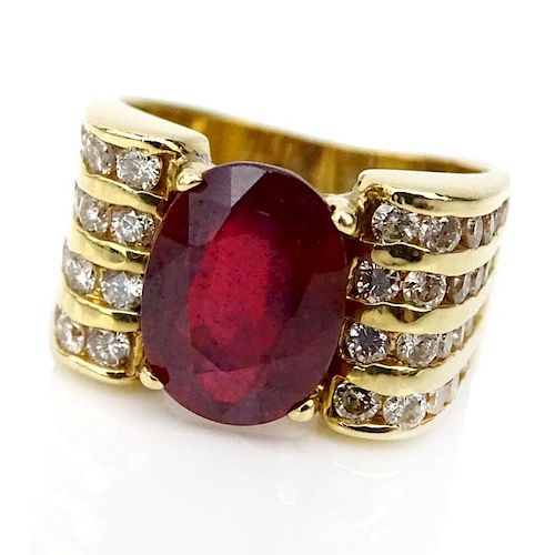 Vintage Approx. 4.50 Carat Oval Cut Ruby, 1.0 Carat Round Brilliant Cut Diamond and 14 Karat Yellow Gold Ring