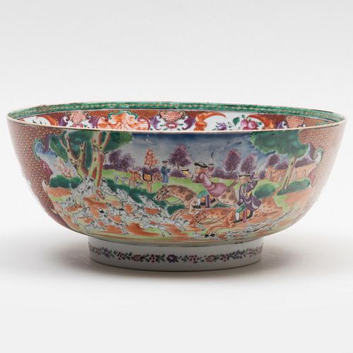 Chinese Export Famille Rose Porcelain Hunt Themed Punch Bowl