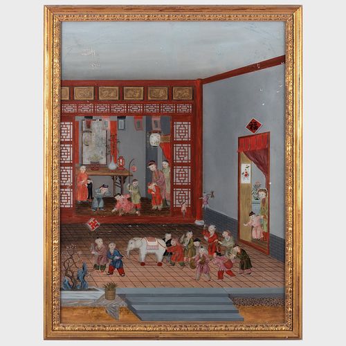 Large Chinese Export Reverse Painting on Glass