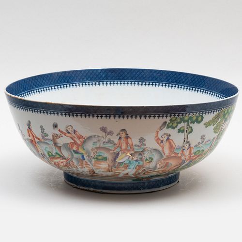 Large Chinese Export Porcelain Punch Bowl with Hunting Scene