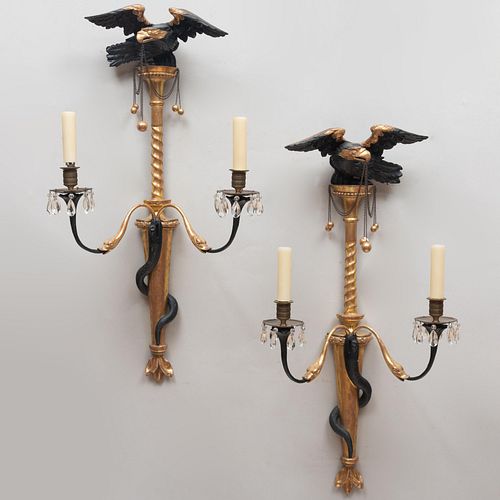 Pair of Regency Ebonized and Parcel-Gilt Two-Light Wall Lights