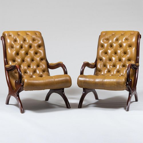 Pair of Regency Style Mahogany and Tufted Leather Armchairs