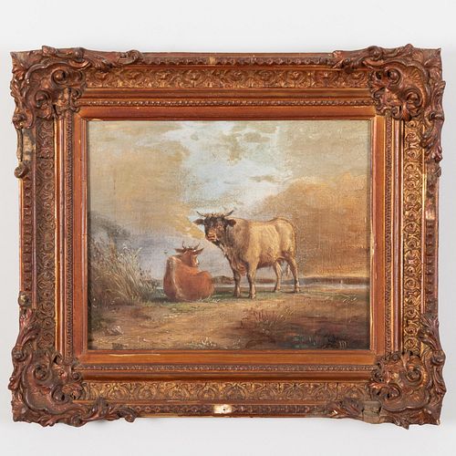 English School: Cow and Bull in Pasture