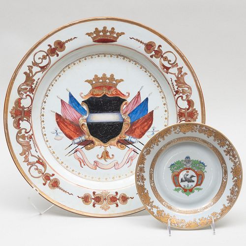Large Chinese Export Armorial Porcelain Charger and a Armorial Soup Plate