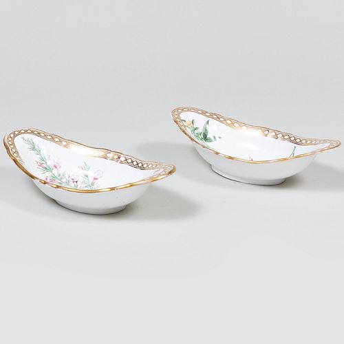 Pair of English Transfer Printed and Enriched Porcelain Navette Form Dishes