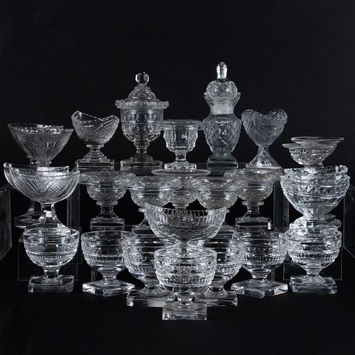 Group of Anglo-Irish Cut Glass Salt Cellars and Two Condiment Jars and Covers
