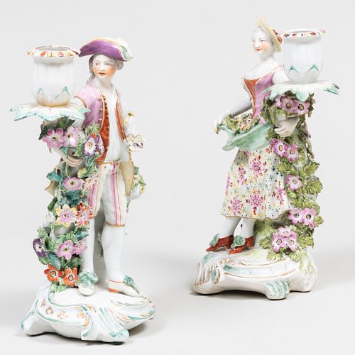 Pair of English Porcelain Candlesticks, Probably Chelsea