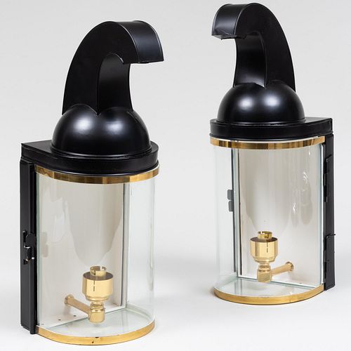 Pair of Brass-Mounted Black TÃ´le and Glass Lanterns, of Recent Manufacture