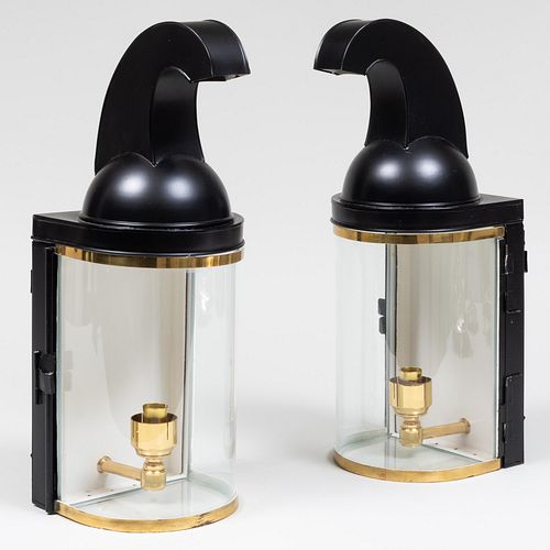 Pair of Brass-Mounted Black TÃ´le and Glass Sconces, of Recent Manufacture