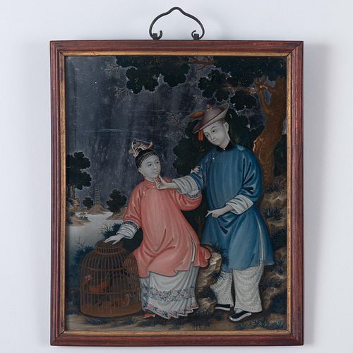 Chinese Export Reverse Painting on Glass with a Couple and Cockerels in Cage