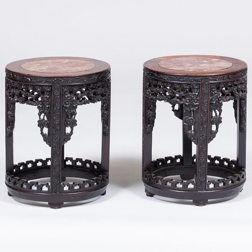 Pair of Chinese Marble Inset and Carved Hardwood Stands