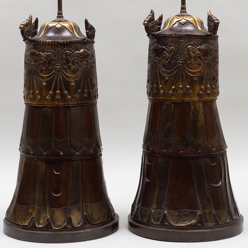Pair of Asian Inspired Patinated and Gilt-Metal Cylindrical Table Lamps