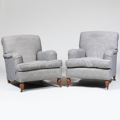 Pair of Victorian Style Mahogany and Upholstered Club Chairs