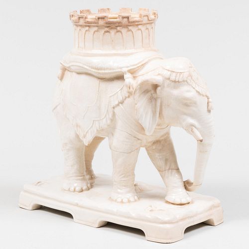 White Glazed Ceramic Caparisoned Elephant Form JardiniÃ¨re, Probably English