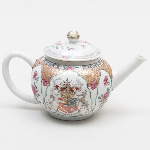 Chinese Export Porcelain Armorial Teapot and Cover with Arms of Perceval Quartering Warren