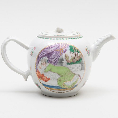 Chinese Export Famille Rose Porcelain European Subject Teapot and Cover