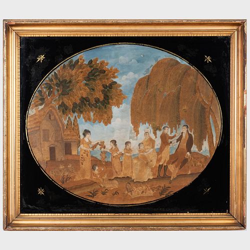 Large Regency Oval Panel Depicting a Family Group in an Idealized Landscape