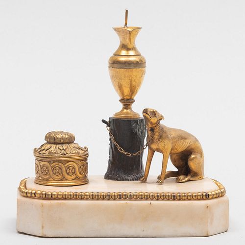 Late George III Ormolu and Patinated-Bronze-Mounted Marble Inkwell, Probably Retailed by the Thomas Weekes Museum, London