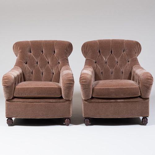 Pair of Custom Tufted Brown Mohair Upholstered Club Chairs, Designed by Steve Bastone