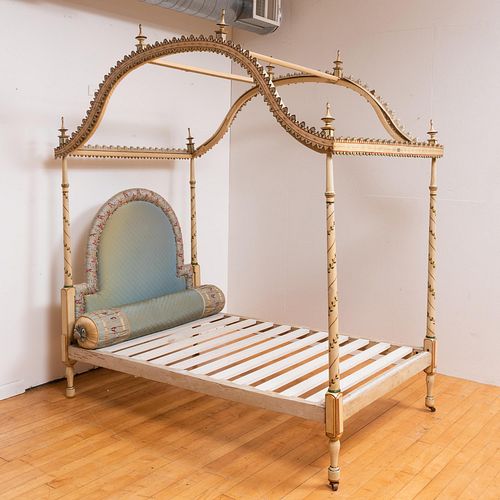 George III Cream and Polychrome Painted Tester Bed with Embroidered Silk Headboard and Bolster