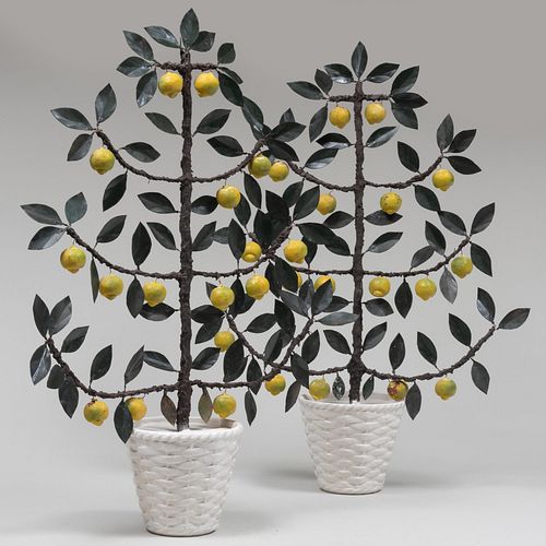 Pair of Italian Painted TÃ´le Espalier Lemon Trees in Glazed Pottery Pots