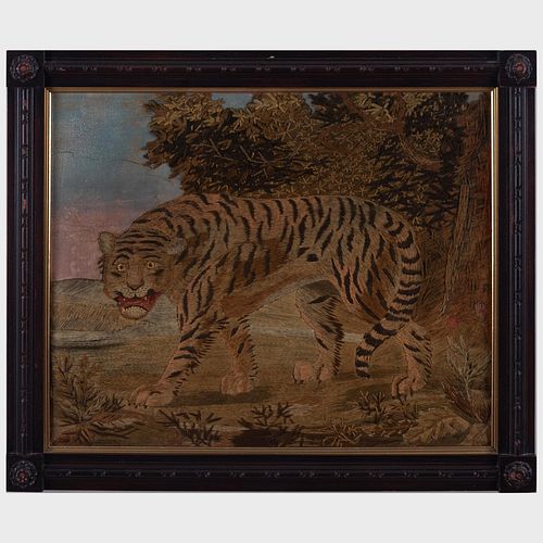 Woolwork Picture of a Tiger in a Landscape