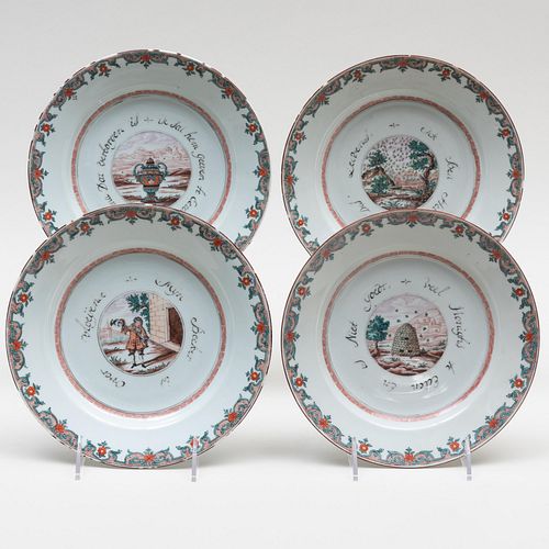 Set of Four Chinese Export Dutch Decorated Porcelain Dishes with Inscriptions