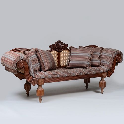 English Colonial Carved Teak and Caned Back Sofa