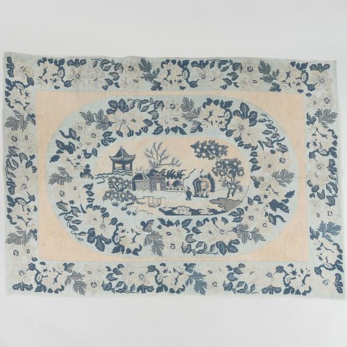 Blue and White Chinoiserie Decorated Needlework Rug