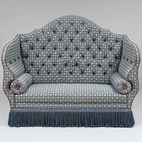 Custom Brass-Studded Tufted Needlework High-Backed Sofa
