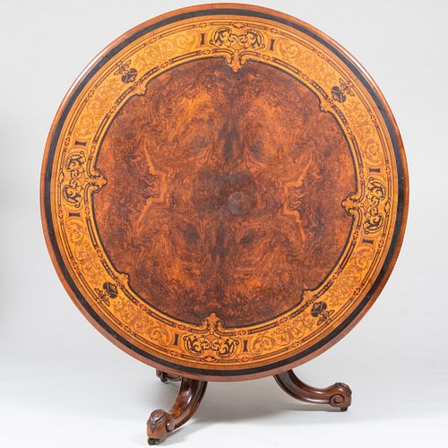 English Victorian Burl Walnut, Ebonized and Fruitwood Marquetry Center Table