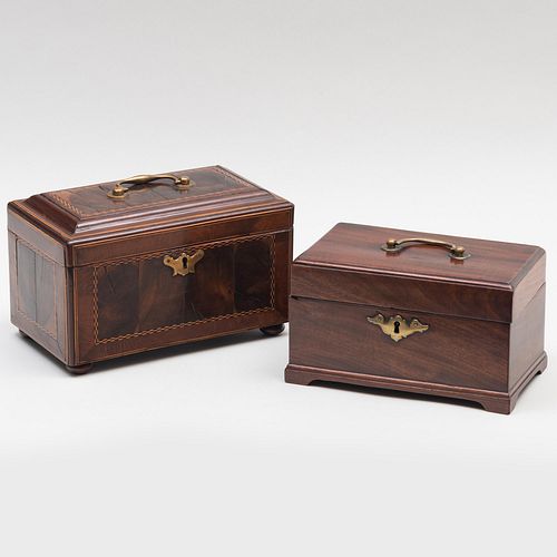 George III Mahogany Tea Chest with a Late George III Mahogany Checkerboard Tea Caddy