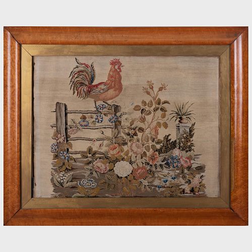 Needlework Picture of a Rooster in a Garden, Probably English