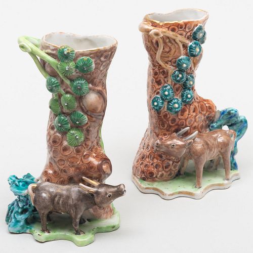 Pair of Chinese Porcelain Spill Vases with Waterbuffalo and Pine Tree Trunk
