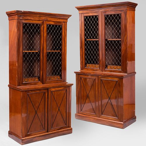 Pair of Late Regency Style Mahogany and Grillework Bookcases