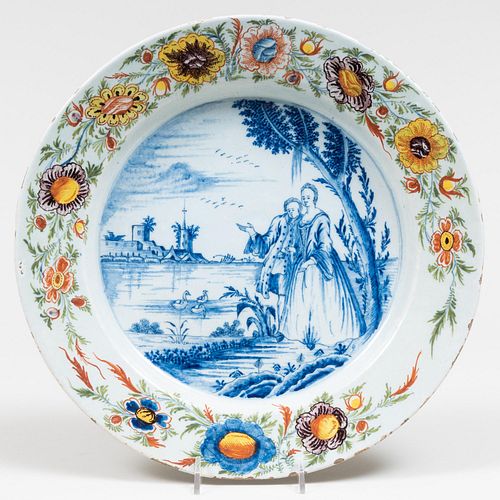 Dutch Delft Polychrome Dish with a Courting Couple 