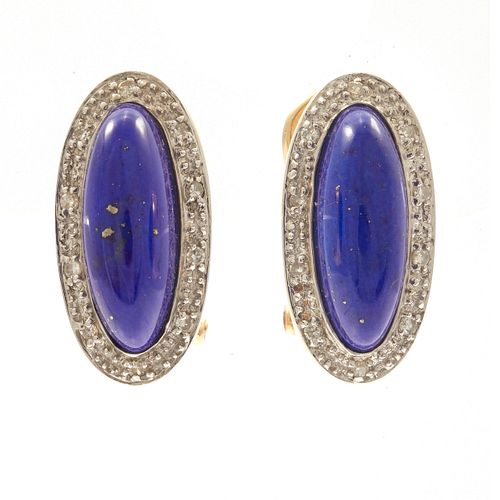 Pair of Lapis Lazuli, Diamond, 14k Yellow Gold Earrings
