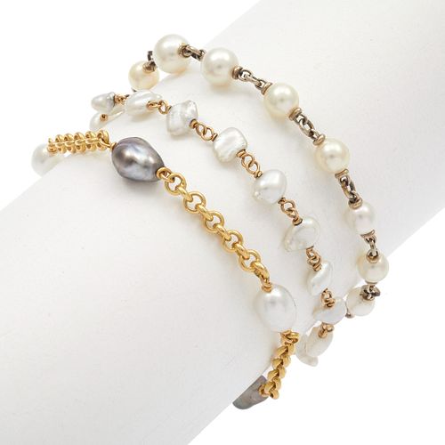 Collection of Three Cultured Pearl, Gold Bracelets