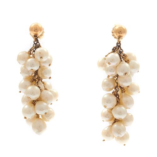 Pair of Cultured Pearl, 14k Yellow Gold Earrings, Total approximate length: 37.8 mm (1.50 in).