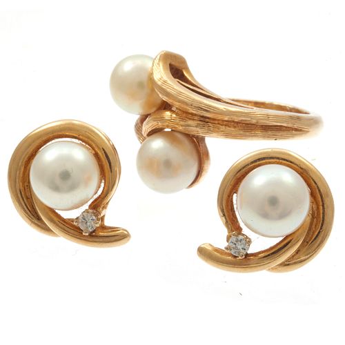 Cultured Pearl, Diamond, 14k Ring and Pair of Earrings