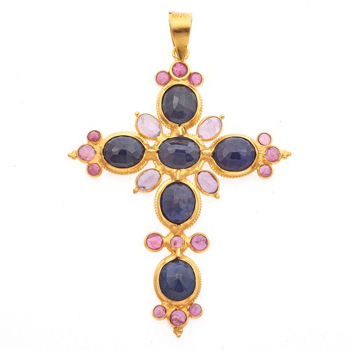 Sapphire, Ruby, 18k Yellow Gold Cross Pendant