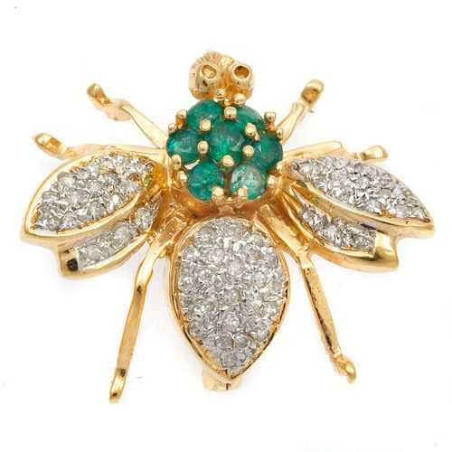 Emerald, Diamond, 14k Yellow Gold Bee Pin