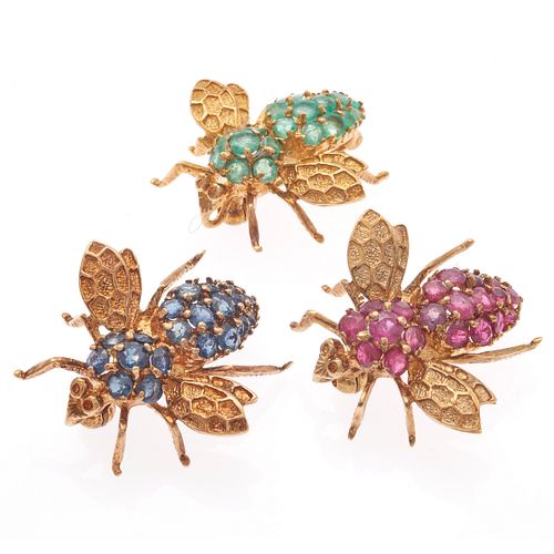 Collection of Ruby, Sapphire, Emerald, 14k Fly Pins
